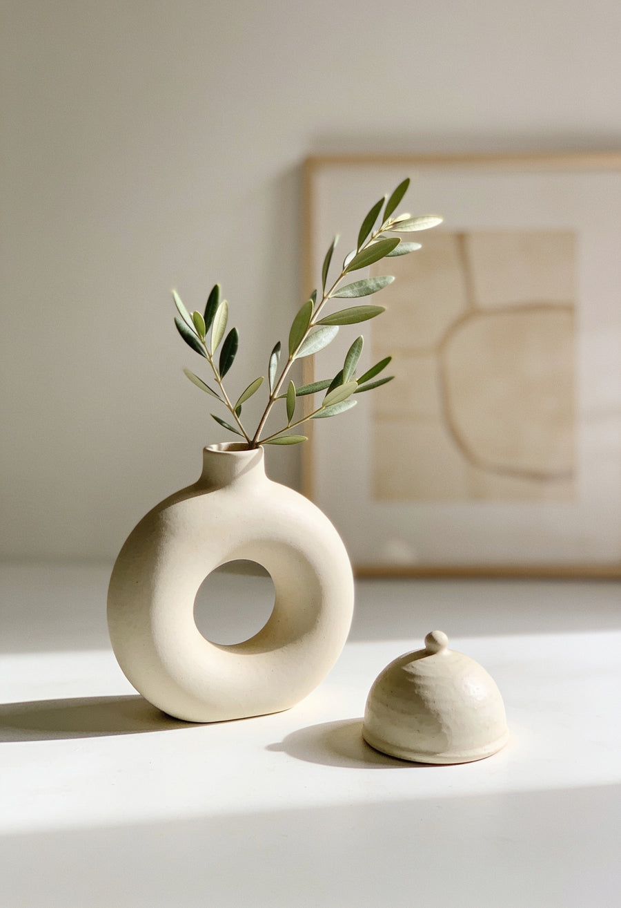 A cream ceramic vase with an olive branch on a sunlit console