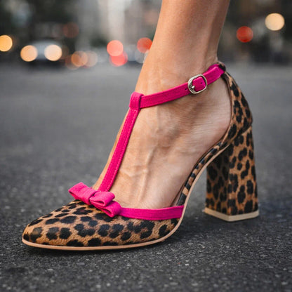 Lena leopard print block heels with bow - side view
