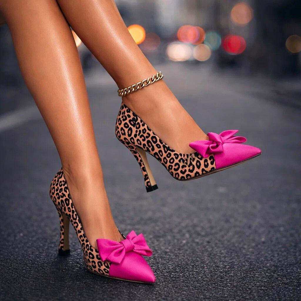 Leopard print bow heels - back view