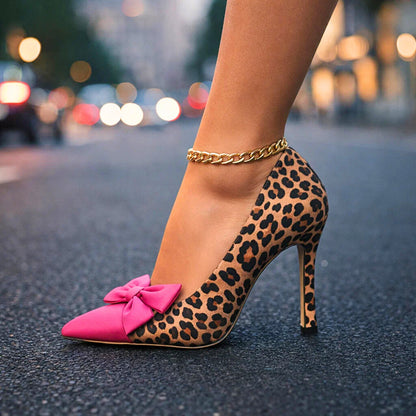 Women's leopard print high heels with bow - side profile