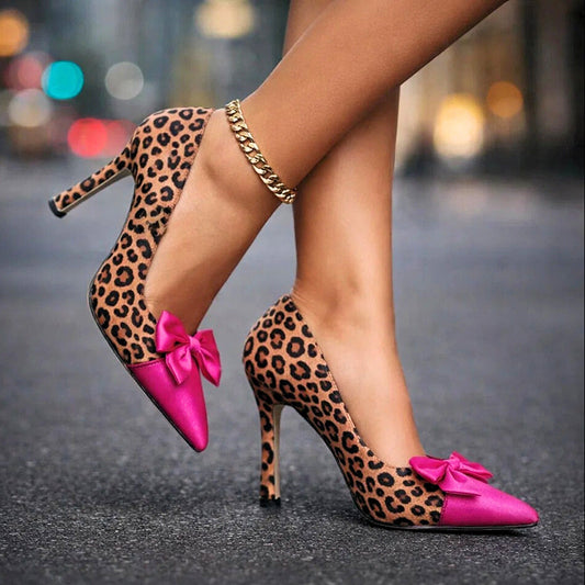Aria leopard print bow heels with pink bow accent by Bianca Cardella
