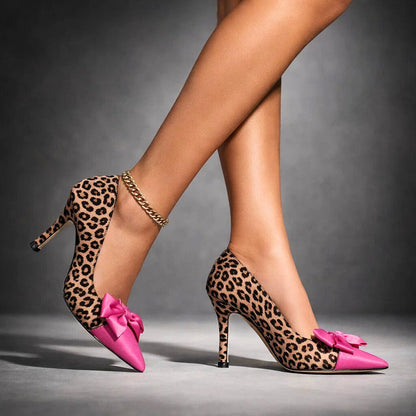 Pair of leopard print bow heels for women