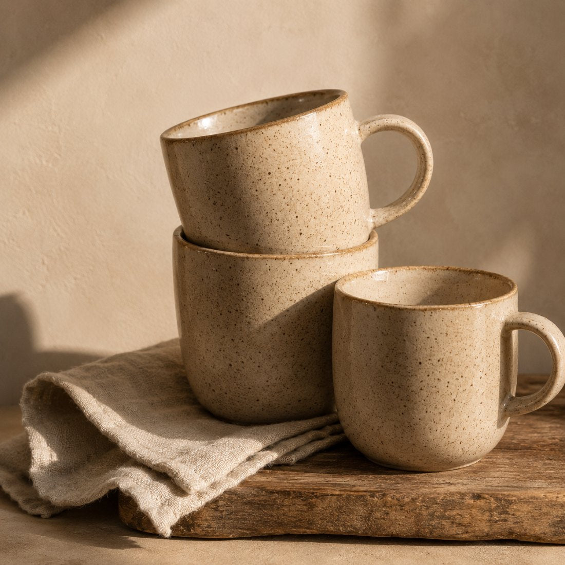 Stacked speckled stoneware mugs on folded linen on a weathered wood board