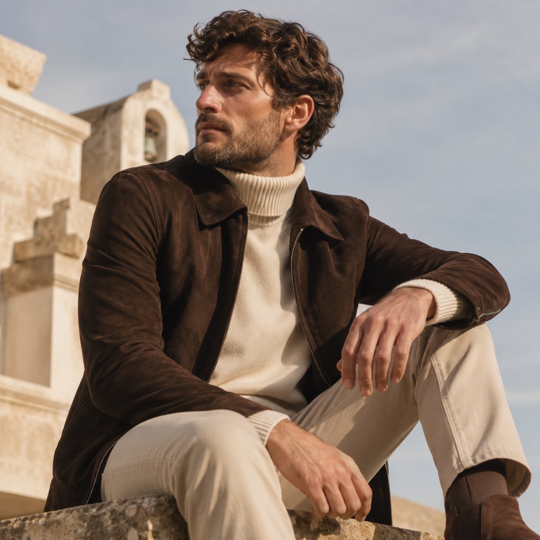 Man in a chocolate suede jacket and cream roll-neck seated on a warm stone ledge
