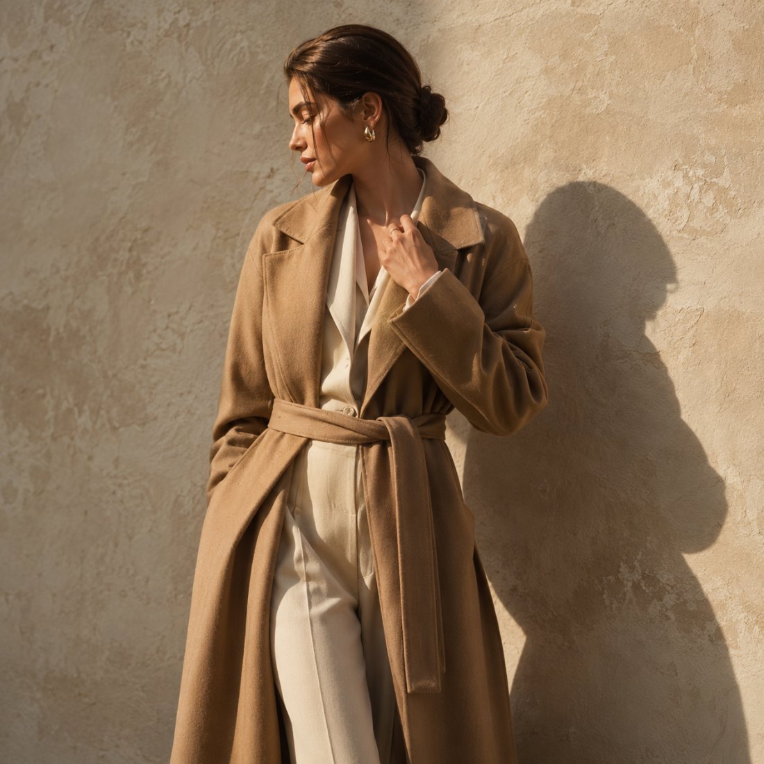 Woman in a camel wrap coat over cream tailoring against a sunlit limewash wall