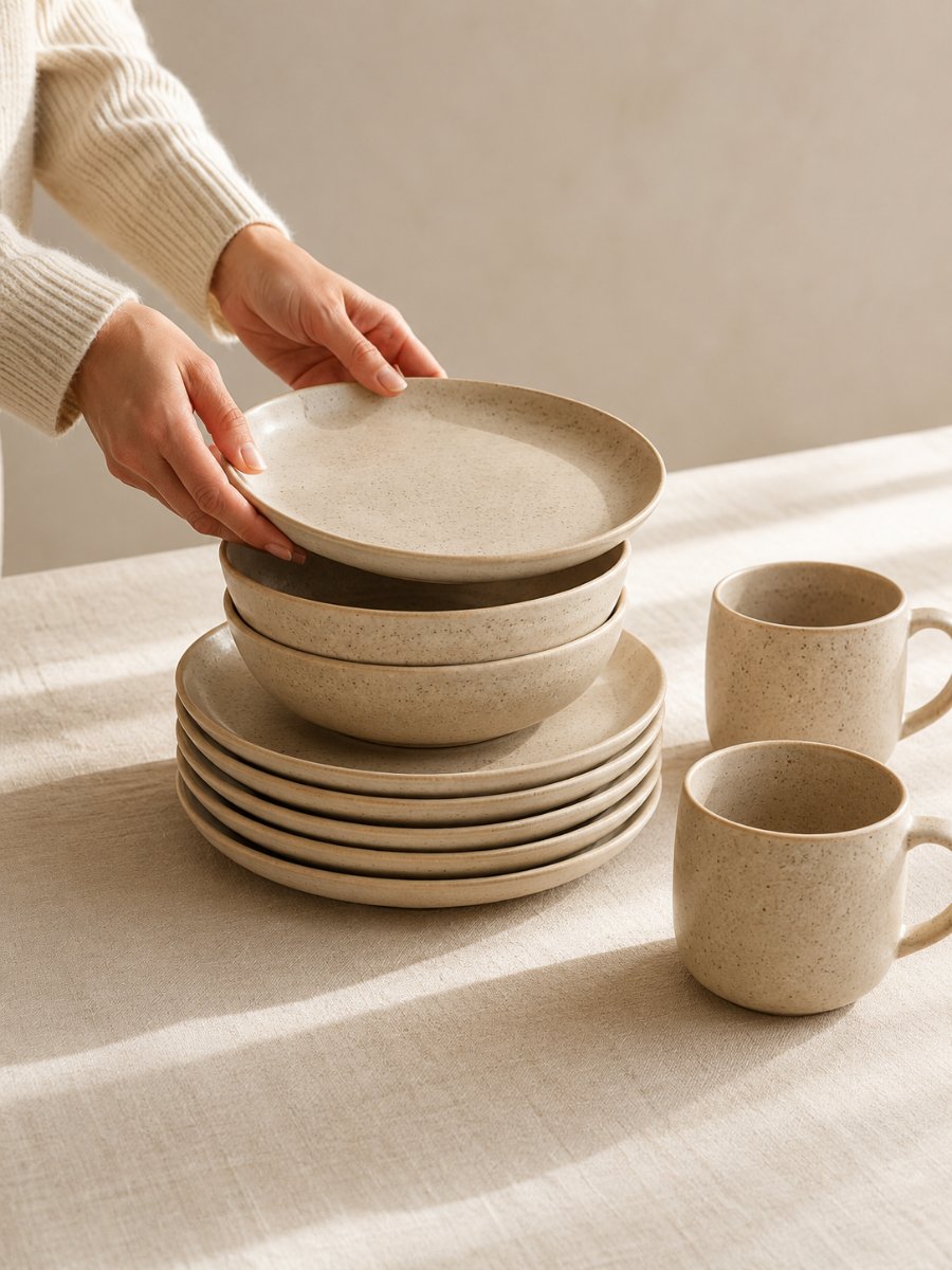 Stacked speckled stoneware plates, bowls and mugs on cream linen