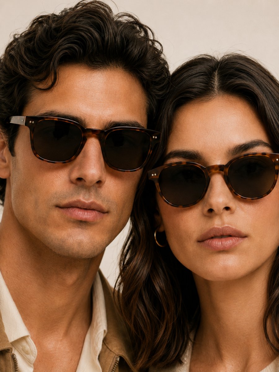 A man and a woman side by side, both wearing tortoiseshell sunglasses